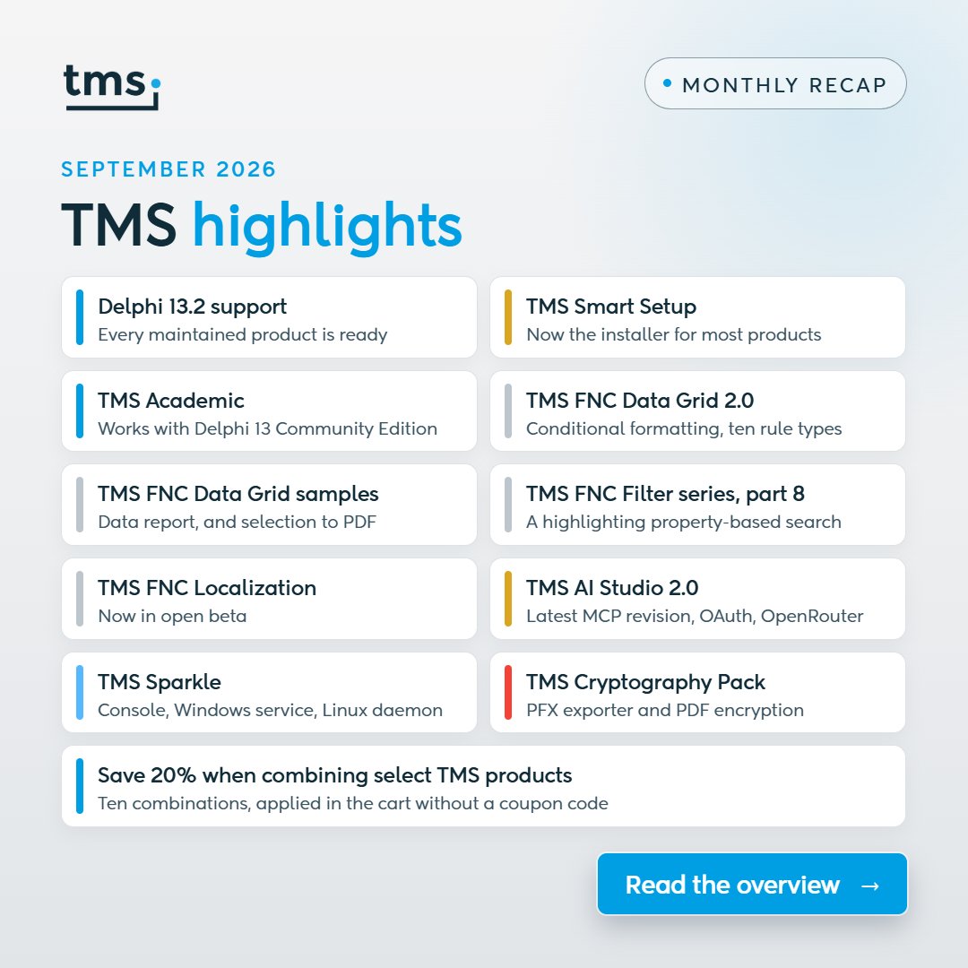TMSsoftwareNews's tweet photo. TMS September 2026 highlights: FNC Data Grid 2.0 and AI Studio 2.0 released, FNC Localization in open beta, a new hosting layer for Sparkle servers, and Delphi 13.2 support.
 🔗https://t.co/Dp4uvVJf4y https://t.co/CWfM1SXgJd