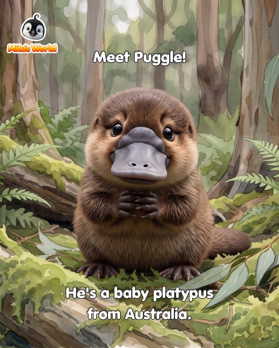 milupenguin's tweet photo. Meet Puggle the platypus! 💛 A duck-like bill, a beaver-like tail and fur that glows blue-green under UV light! ✨ Discover this amazing animal from Australia with Milu. 🐧🌏 
#MilusWorld #Platypus #AnimalFacts https://t.co/dVcs4wOcDD