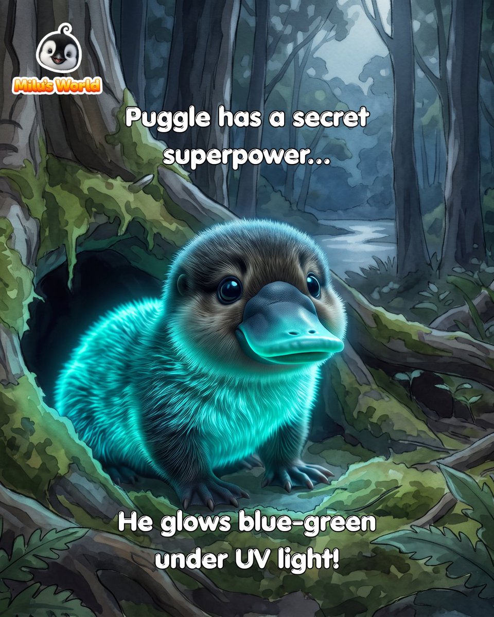 milupenguin's tweet photo. Meet Puggle the platypus! 💛 A duck-like bill, a beaver-like tail and fur that glows blue-green under UV light! ✨ Discover this amazing animal from Australia with Milu. 🐧🌏 
#MilusWorld #Platypus #AnimalFacts https://t.co/dVcs4wOcDD