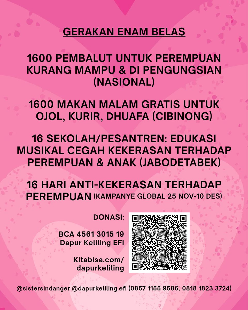 SistersInDanger's tweet photo. PEMBALUT GRATIS

Kawan2 perempuan yang sudah lama nganggur, korban PHK, korban kekerasan, belum terima uang kiriman orang tua, yang masih tinggal di posko2 pengungsian bencana, atau yang BENAR-BENAR lagi ga punya uang, apapun alasannya ...

kalau kesulitan beli pembalut, silakan WA ke https://t.co/II8KlNgXRE biar kami & donatur yang traktir.

Yang mau donasi, bisa scan QRIS di poster atau klik https://t.co/uakuJ5691a. Bantu RT ya, makasih 🙏

In this economy, ayo #rakyatbanturakyat 💜 
@dapurkelilingEF