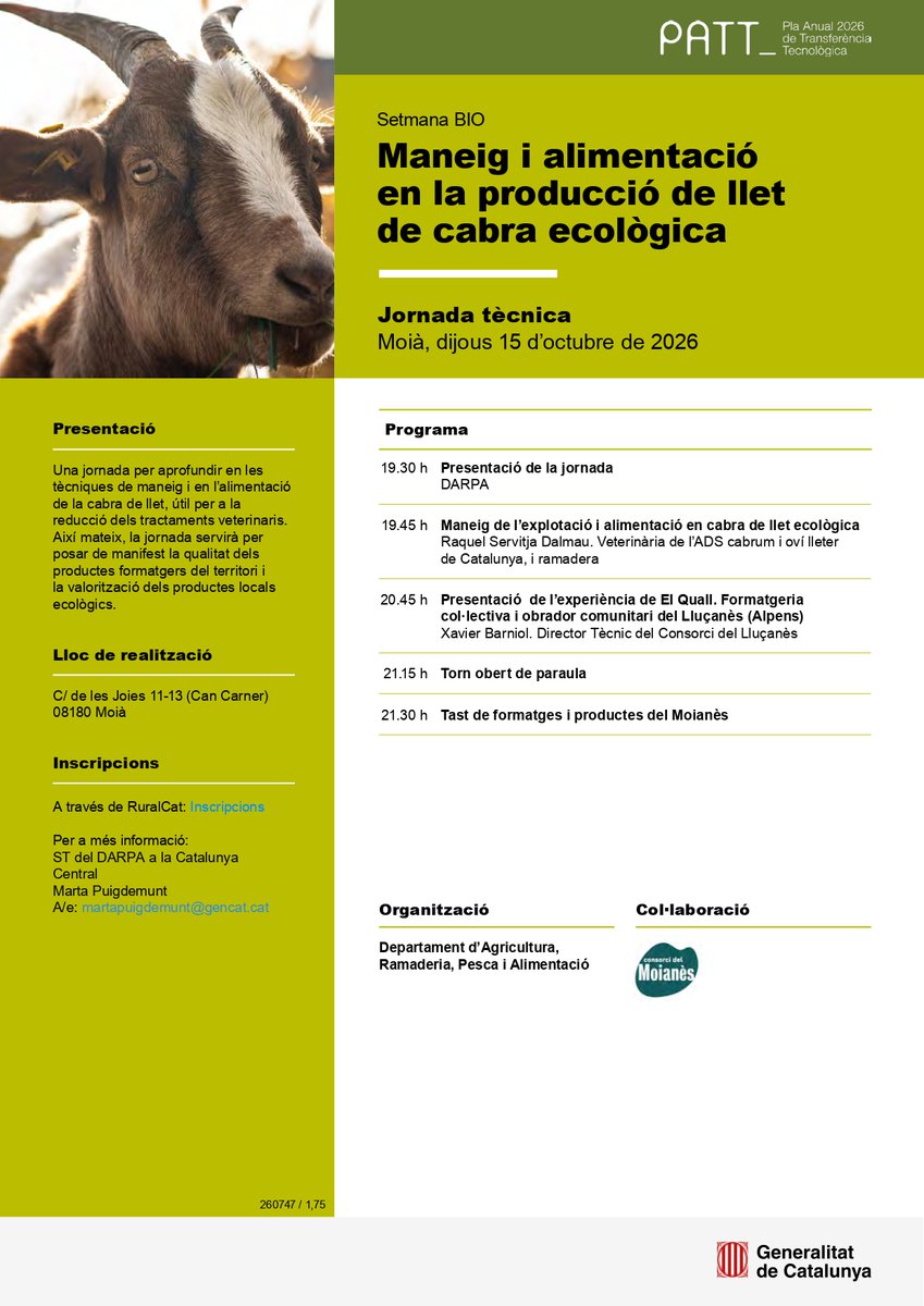 ruralcat's tweet photo. 📌Jornada tècnica: Setmana BIO. Maneig i alimentació en la producció de llet de cabra ecològica

📍Moià
🗓️ 15 d'octubre
🕘19:30 h

https://t.co/o0LHBJrmWc

@comarcamoianes https://t.co/6bgYx1EwGA