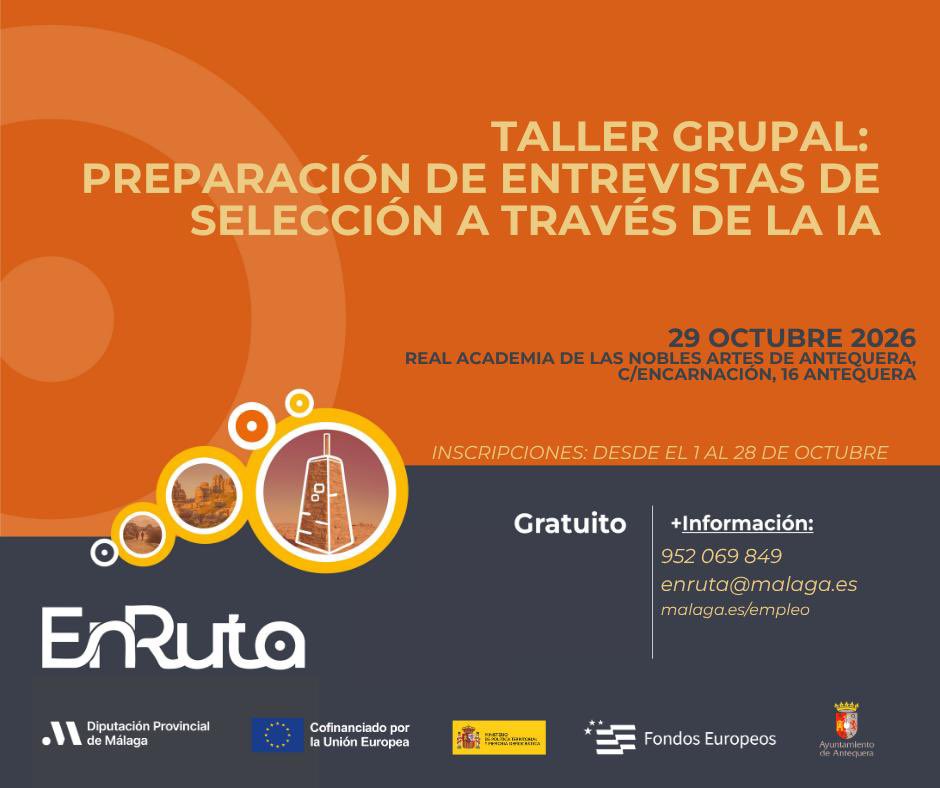 AytoAntequera's tweet photo. ℹ️ Información de servicio público

💻 Taller grupal: preparación de entrevistas de selección a través de la IA

▫️Jueves 29 octubre
▫️En @RealAcademiaAn
▫️Actividad gratuita

✍🏻 INSCRIPCIONES:
https://t.co/POMq27oBuS https://t.co/SVyMkQiRNq