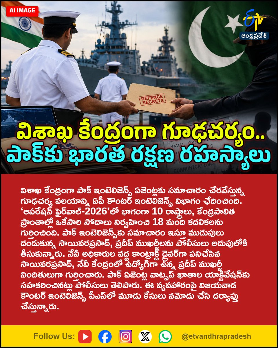 etvandhraprades's tweet photo. విశాఖ కేంద్రంగా గూఢచర్యం..
పాక్కు భారత రక్షణ రహస్యాలు
For More LIVE Updates Click This Link
https://t.co/eltbdVshne
#OperationFirewall
#Navy
#IndianNavy
#PakistanISI
#Vijag
#Etvapbreaking https://t.co/weJWyukE5l