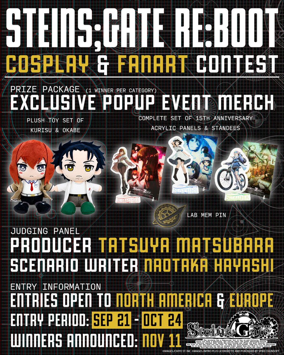 Reef_Games's tweet photo. Cosplay and fanart entries ARE OPEN! 📢

Have a STEINS;GATE cosplay or fanart you'd like to share? Post it and send it our way for your chance to win a prize package featuring exclusive merch from the popup event in Japan! ✨

Entry form and detail links in replies⬇️ https://t.co/VhM8g86QCw