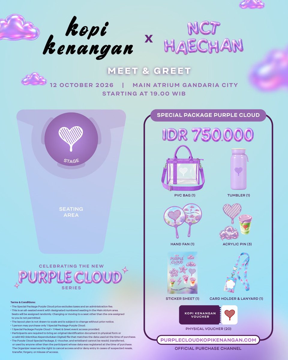 sunhaefs's tweet photo. 261006 kopi kenangan update #해찬 #HAECHAN

penjualan Special Package Purple Cloud untuk entry access ke event Kopi Kenangan x NCT HAECHAN Meet & Greet 💜

Date : 7 - 9 Oktober 2026
Time : 12.00 WIB
🔗 https://t.co/JIajOhygxm

‼️ Setiap orang hanya bisa membeli 1 Special Package Purple Cloud untuk 1 entry access dan tidak bisa dipindah tangankan.