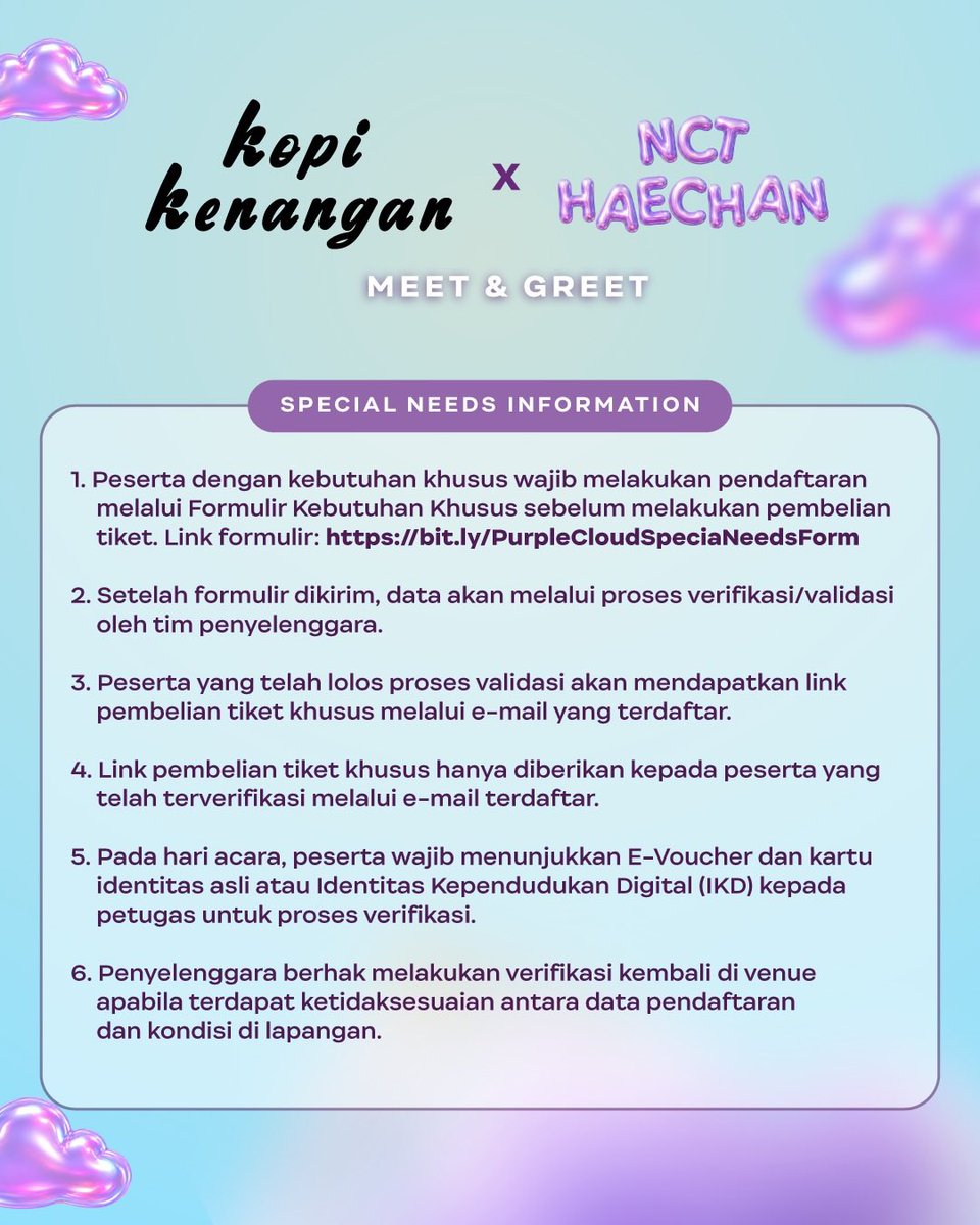 sunhaefs's tweet photo. 261006 kopi kenangan update #해찬 #HAECHAN

penjualan Special Package Purple Cloud untuk entry access ke event Kopi Kenangan x NCT HAECHAN Meet & Greet 💜

Date : 7 - 9 Oktober 2026
Time : 12.00 WIB
🔗 https://t.co/JIajOhygxm

‼️ Setiap orang hanya bisa membeli 1 Special Package Purple Cloud untuk 1 entry access dan tidak bisa dipindah tangankan.