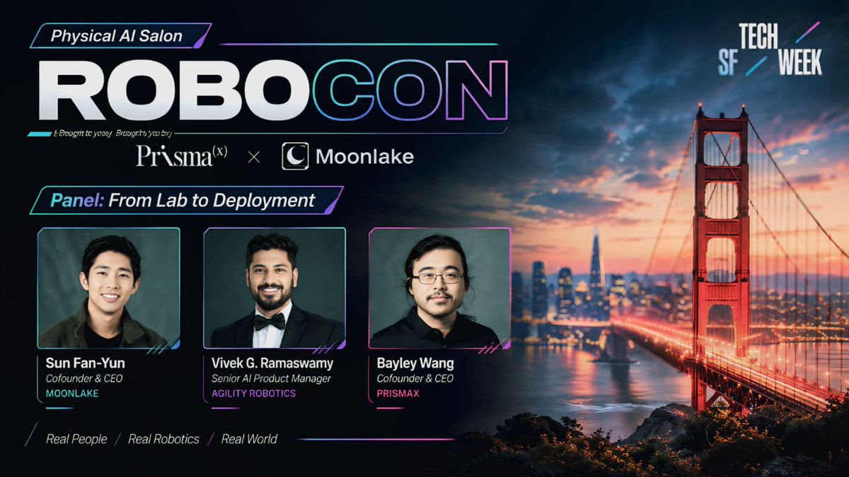MusaraFx's tweet photo. RoboCon brings robotics builders researchers and AI teams together to explore Physical AI

Live robot demos and talks on simulation RL onboard compute and real world deployment

@PrismaXai and Moonlake bring this to SF Tech Week

RoboCon Physical AI 🤖
@moonlake @MaxC16134 https://t.co/nJCcHXwsZb