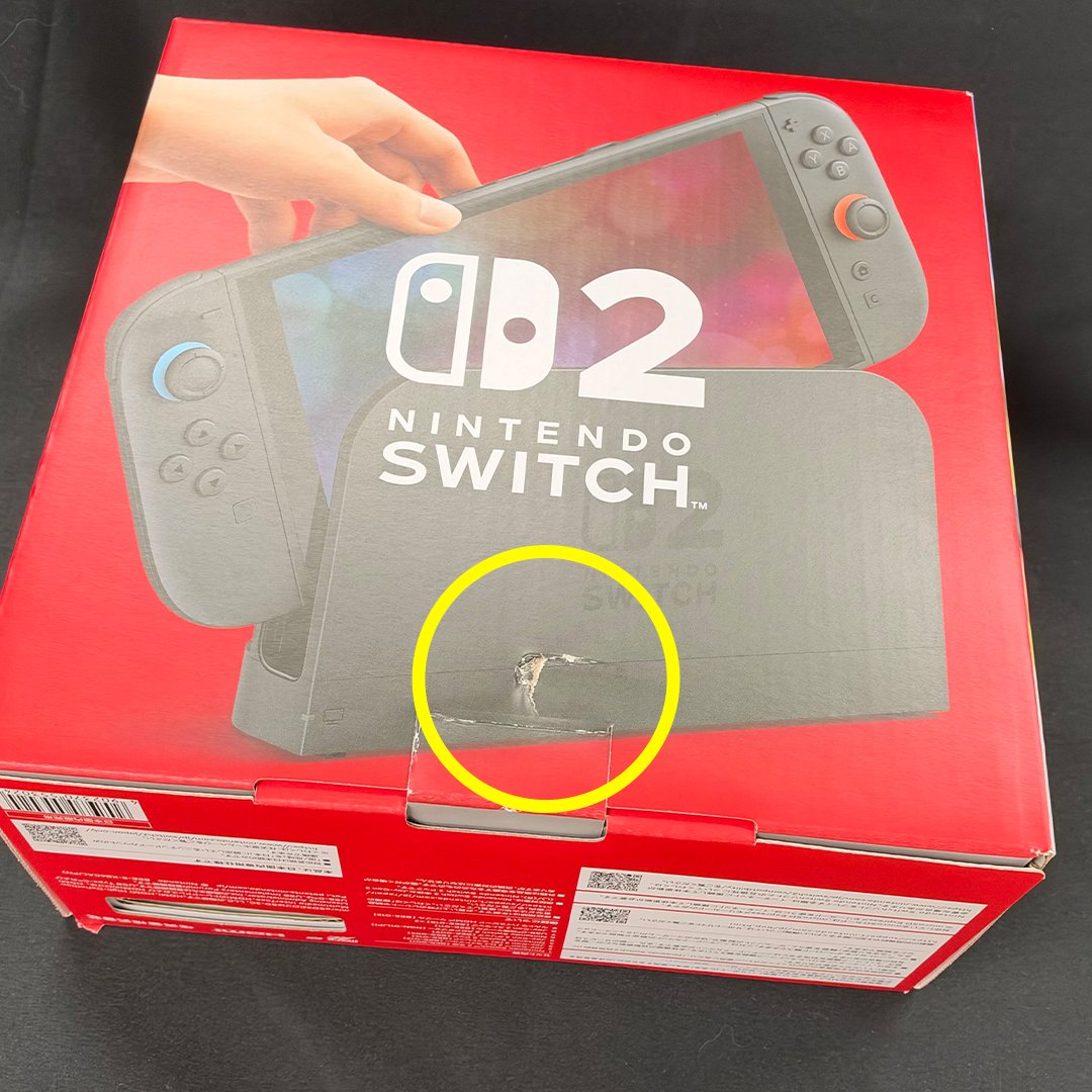 extoreca's tweet photo. 今、緊急でポストしています💦
発送スタッフが検品中に、箱にキズがついている「Nintendo Switch 2（日本語・国内専用）」を発見しました。
賞品として使用できないので、無料でお引き取りいただける1名様を緊急募集いたします🙇‍♀️
箱にキズがあることをご理解の上、フォロー＆リポストでご応募をお願いいたします🎁
「スイッチ２引き取り希望」をリプor引用リプで当選率UP🙇‍♀️