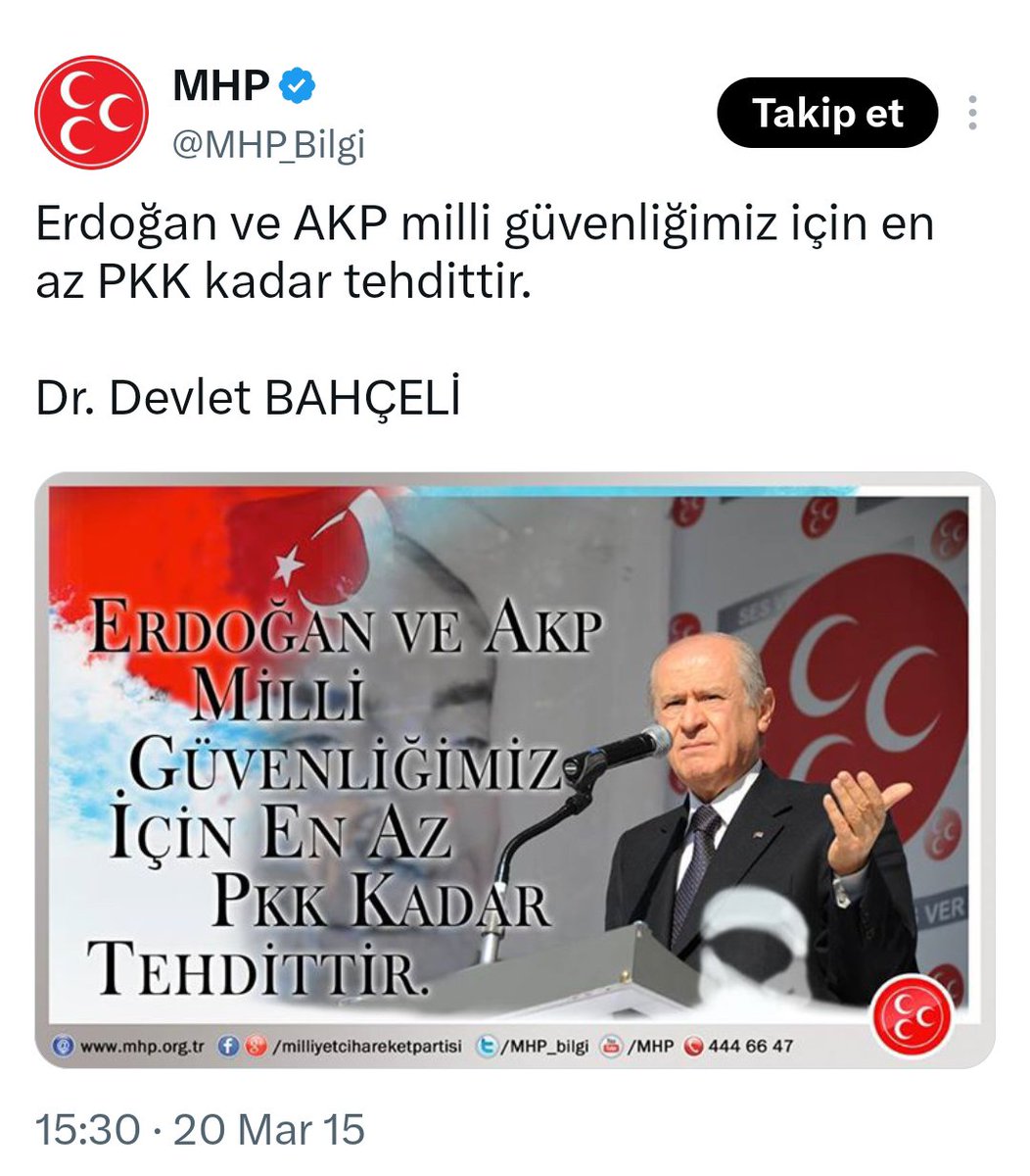 muammaTrk's tweet photo. Terörist Apoya "Kurucu Önder, statü verilsin." diyen Devlet Bahçeli, Mhp grup toplantısında 2015 yılında "Milli güvenliğimiz için en az Pkk kadar tehdittir." dediği Erdoğan için bugün;
— "Yürütmede Erdoğan
— Yasama da Mhp
— Türkiye'de Cumhur ittifakı" demiş!

Fıkra bu kadar. https://t.co/qMIrp1iVh0