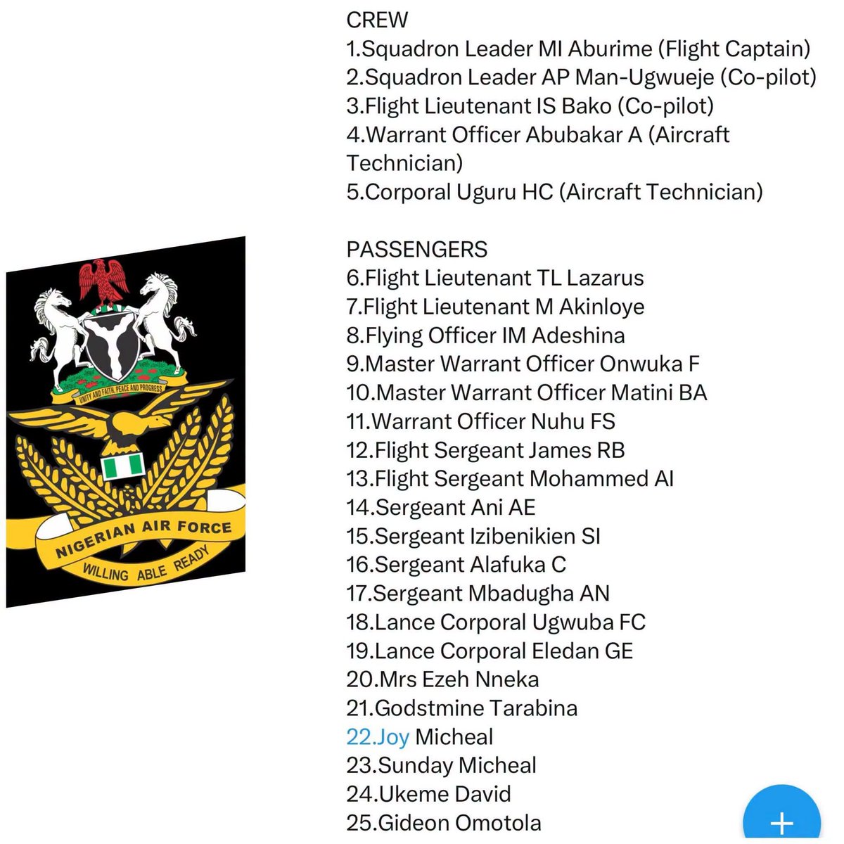 OlayinkaLere's tweet photo. Nigeria Air Force releases names of crew members and passengers who d!ed in ill-fated Ondo crash https://t.co/If3z5xz1Re