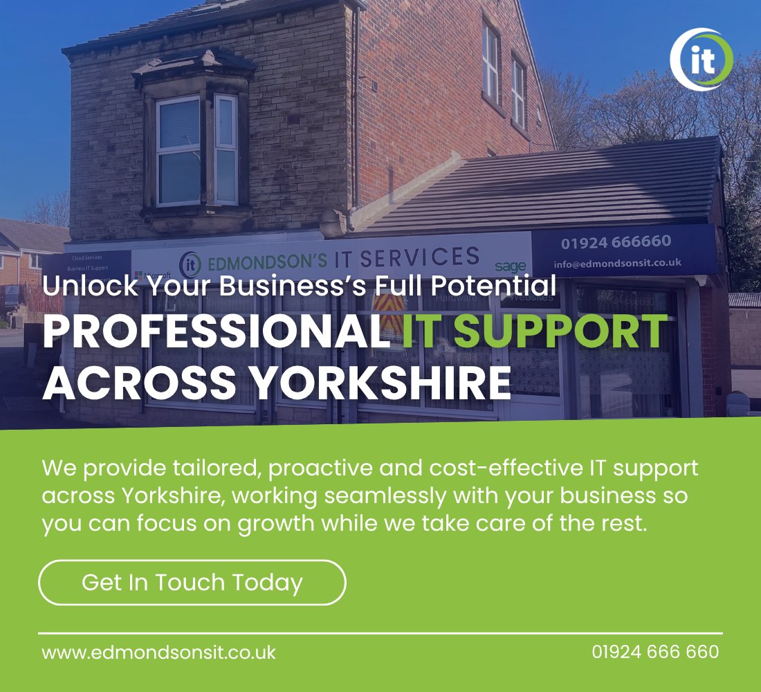 EdmondsonsIT's tweet photo. Keep your business secure, connected and running smoothly with trusted IT support from Edmondson'sπ»
π 01924 666 660
π https://t.co/kSW70Pj7o0
#EdmondsonsIT #ITSupport #YorkshireBusiness #BusinessIT #CyberSecurity #SMEs https://t.co/wbcvsk21RR