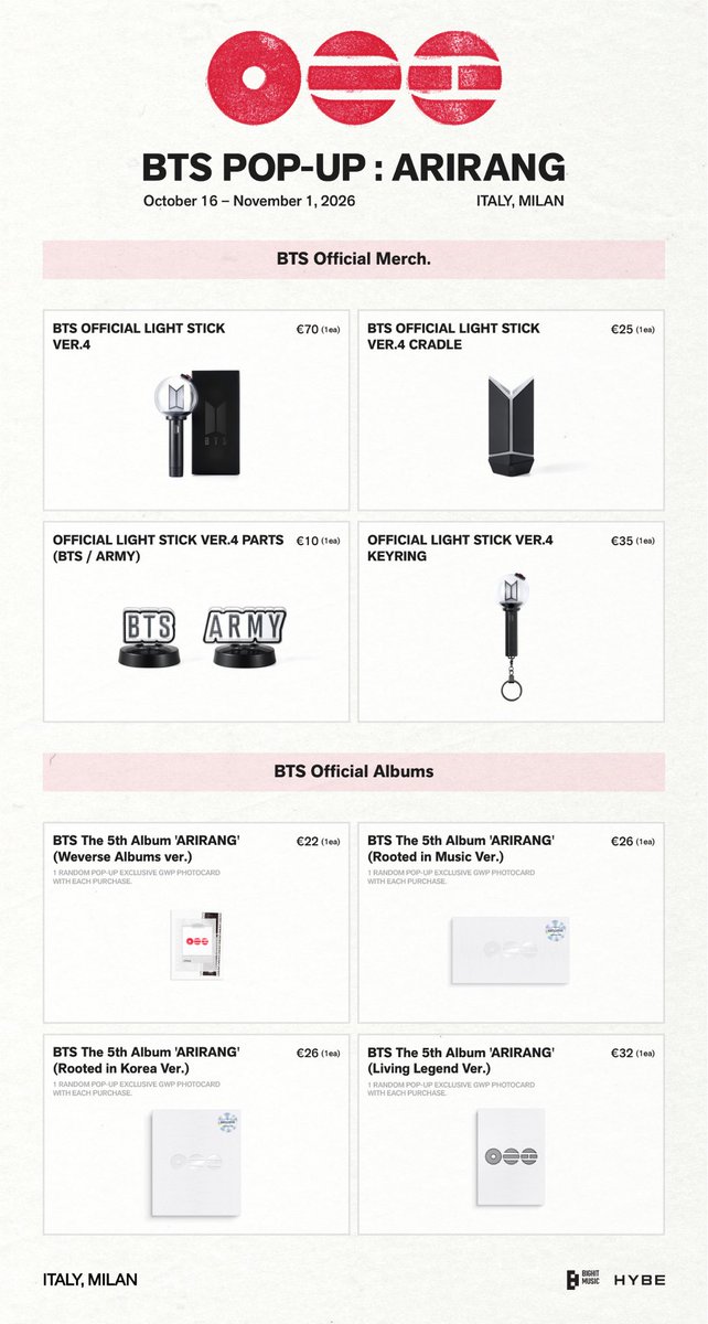 KPOPMERCH_POPUP's tweet photo. BTS POP-UP : ARIRANG IN MILAN

📢MERCH LIST

📅October 16 - November 1, 2026
⏰Daily 10:00 – 19:00 (CEST/CET)
📍Torneria Tortona
Via Tortona, 32, 20144 Milano MI, Italy

#BTS #방탄소년단 #BTS_ARIRANG
#BTS_POPUP https://t.co/h8blRTcKN8