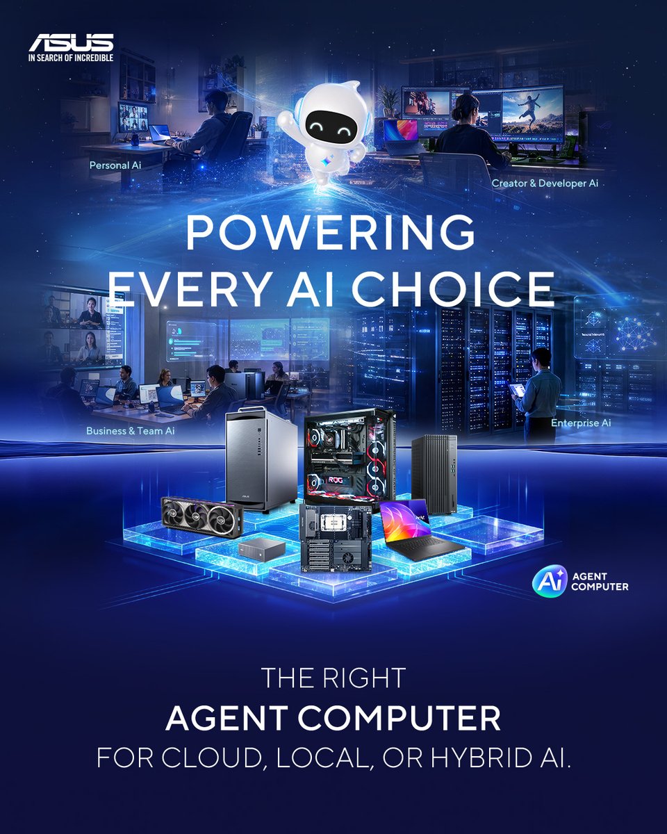 ASUS's tweet photo. Meet the complete ASUS Agent Computer lineup—from laptops, mini PCs and NUCs to custom PC builds, desktops and deskside AI supercomputers.

👉 Find your ASUS Agent Computer:
https://t.co/0YhGfd3Lqs

#ASUSAgentComputer #PoweringEveryAIChoice https://t.co/x3rQDptiLg