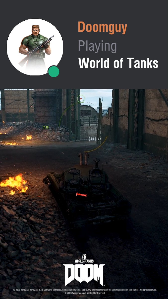 A promotional advertisement displays the Doomguy character with the text 'Doomguy Playing World of Tanks,' featuring a dark tank in a ruined industrial setting alongside 'World of Tanks DOOM' logos.