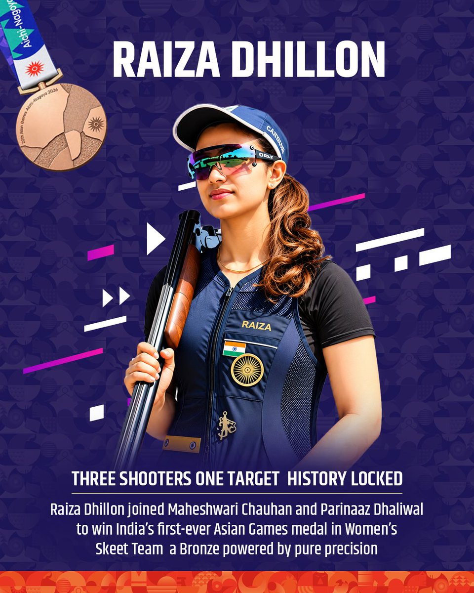 TribalAffairsIn's tweet photo. Three shooters. One mission. One historic podium. 🎯
Raiza Dhillon, Maheshwari Chauhan and Parinaaz Dhaliwal delivered India’s first-ever Asian
Games medal in Women’s Skeet Team.
Precision that made history! 🇮🇳🥉
#BharatKiYuvaShakti #JJGD https://t.co/m4yecpSeUn