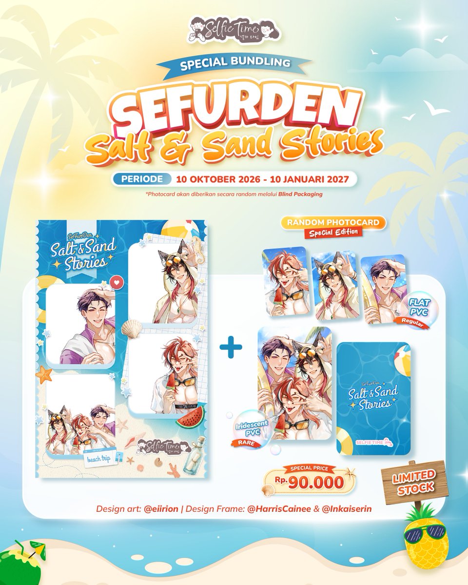selfietimeid's tweet photo. 🌴 Selfie Time x SeFurDen: Salt & Sand Stories is Here! 🌴

Kamu bisa mendapatkan paket bundling Frame + 1 Random Photocard hanya dengan harga 90K! (limited stock)

Cara order:

1. Kunjungi salah satu store Selfie Time yang tertera di poster.
2. Langsung lakukan transaksi di kasir.
3. Staff Selfie Time akan langsung memberikan 1 Random Photocard, dan kamu bisa langsung foto-foto di studio
4. Setelah foto-foto kamu juga akan mendapatkan 1 hard file frame SeFurDen, lho!

✨ Khusus paket bundling ini hanya tersedia di 36 store yang tertera pada poster.

Don't miss it, Terongers, Customers, and Cainmates! 💜🧡❤️

#SelfieTimeID #SelfieTimexSeFurDen