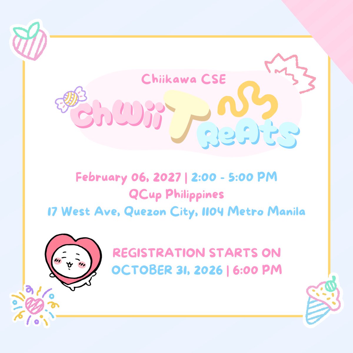 kzn_events's tweet photo. 🫐 MIIIITEEEEEEEEEEE!!!

Are you ready for the overloaded cuteness of chiikawa, hachiware, usagi, momonga, furuhonya, shisa, kurimanju, rakko and chiikabu! (˶˃ ᵕ ˂˶) .ᐟ.ᐟ

Join us on Feb 06, 2pm to 5pm at QCup Philippines! 

Follow us for updates! 🍭

#ChwiiTreats #chiikawacse https://t.co/PXL1XyD95Y