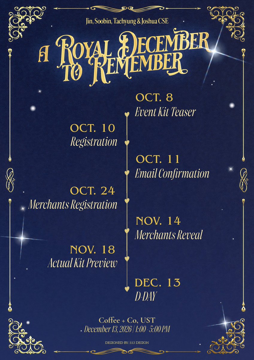 jincheolyj's tweet photo. Mark your calendars and get ready for the journey toward A Royal December to Remember ✨️

But beyond these dates, there are still a few surprises waiting to be unveiled.

Consider this only the beginning

So stay tuned 👀 👑

#ARoyalDecemberToRemember
#BTSVTXTLoversCourt https://t.co/5MXx3rCuq8