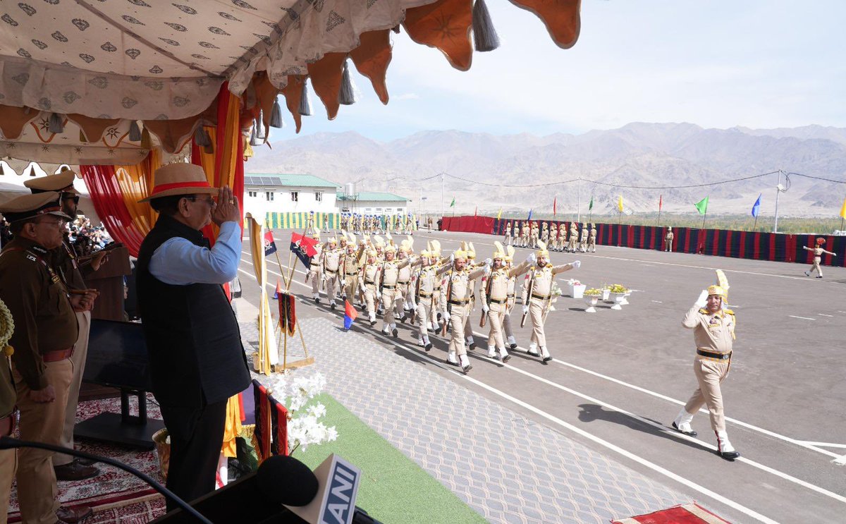 lg_ladakh's tweet photo. Attended the passing-out parade at Police Training School, Leh, and congratulated all the newly inducted personnel on the achievement. 

The induction of 114 newly recruited SPOs will strengthen Ladakh Police in the newly created districts of Nubra, Sham, Changthang, Drass and Zanskar. Also congratulate 99 personnel who completed pre-promotional courses, taking on greater responsibility and leadership in the police administration. 

Exhorted the new recruits to commit themselves to the service of the people with dedication and integrity.

Also, in line with our commitment for welfare of the police personnel, inaugurated 24 police family quarters and launched the Emblem, Flag, Logo, badges, website and Comprehensive Fire Safety Handbook of Ladakh Fire & Rescue Service. 

These initiatives will strengthen personnel welfare, professionalism and Ladakh’s security and emergency response systems.