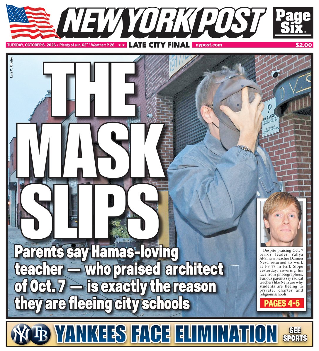 nypost's tweet photo. Hamas-loving NYC teacher cowardly covers his face as he returns to school — and furious parents want him fired. Read today's cover here: https://t.co/tKjIrjJ6mo https://t.co/hfk1ooLzFb