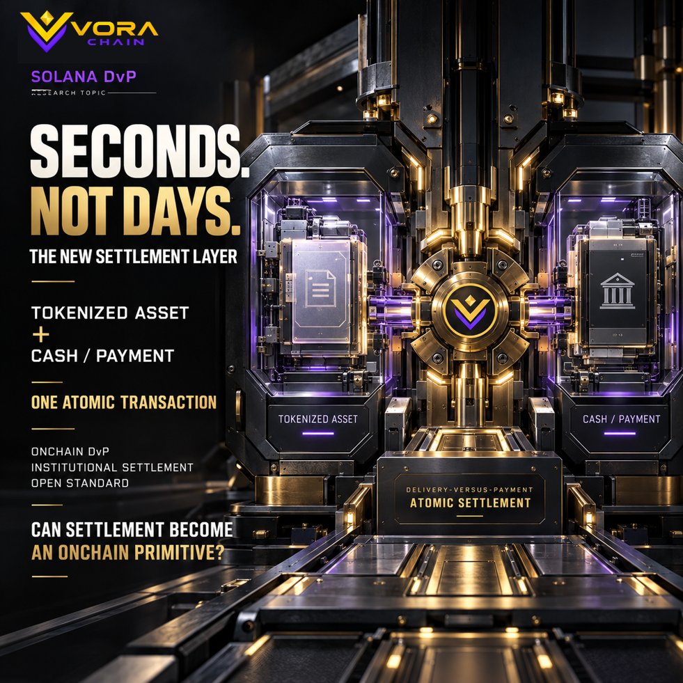 VORAChainHQ's tweet photo. Wall Street settlement may be getting an onchain upgrade.

Solana Foundation just launched Solana DvP — an open-source standard designed to settle assets and payment atomically in a single transaction.

The goal?

Seconds instead of days.

J.P. Morgan provided input on institutional settlement requirements during development.

The bigger question:

Can settlement become an onchain primitive?