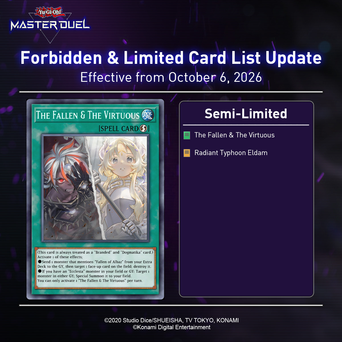YGOMasterDuel's tweet photo. In case you missed it, the new Forbidden &amp; Limited List is now in effect in #YuGiOhMASTERDUEL!  

For more information, please check your in-game notifications. https://t.co/c7zh8oJuA4