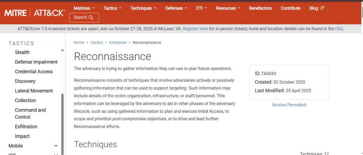 cybershield_5's tweet photo. How one hour of learning lit up my last part of the nigh♥️✅

I visited Mitre attack official website and got so fascinated by the knowledge base I come across it makes analyzing threat and gathering information easier 
I read the Enterprise and the Reconnaissance got me hooked https://t.co/Gdq3wTPLtX