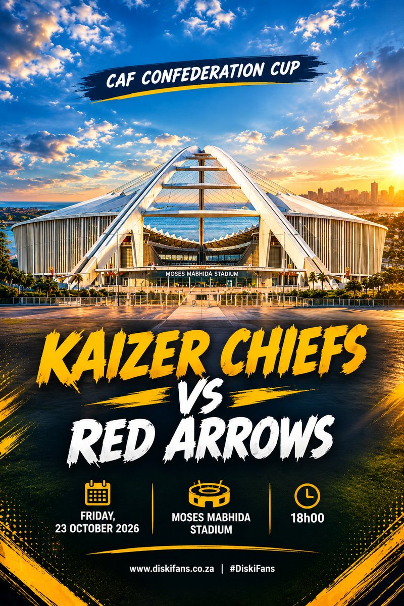 diskifans's tweet photo. #CAFCC Kaizer Chiefs will host the second leg of their CAF Confederation Cup second preliminary round tie against Zambia's Red Arrows at the iconic Moses Mabhida Stadium in Durban. https://t.co/jKnQ5Urmb9 #DiskiFans https://t.co/2UFa8XYBH7