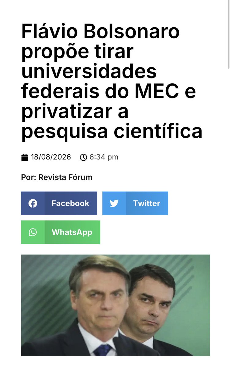 mandstu25's tweet photo. 🚨 FLÁVIO BOLSONARO VAI ACABAR COM AS UNIVERSIDADES.

O projeto dele é copiar o modelo privatista e fracassado dos EUA para aproximar a produção científica brasileira das demandas do setor empresarial e não das necessidades do país. https://t.co/6ps6vaUpvk