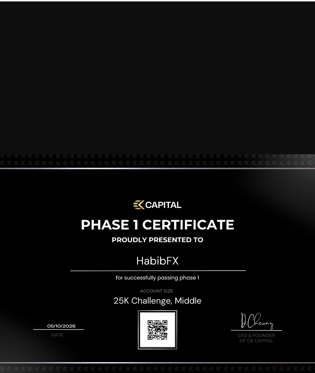 Habeebjere's tweet photo. Phase 1 pass from 25k account I got from @ckpropfirm CEO @wannabechamp. All I can I really appreciate this opportunity sir.
Let's me see how phase 2 will end up. https://t.co/hgvbvpbnnr