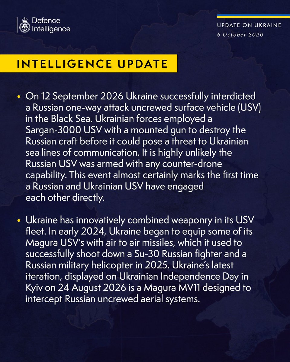 DefenceHQ's tweet photo. Latest Defence Intelligence update on the situation in Ukraine -  06 October 2026.
 
Find out more about Defence Intelligence's use of language: https://t.co/ylgh8jwnw8
 
#StandWithUkraine https://t.co/svBcnWqGUH
