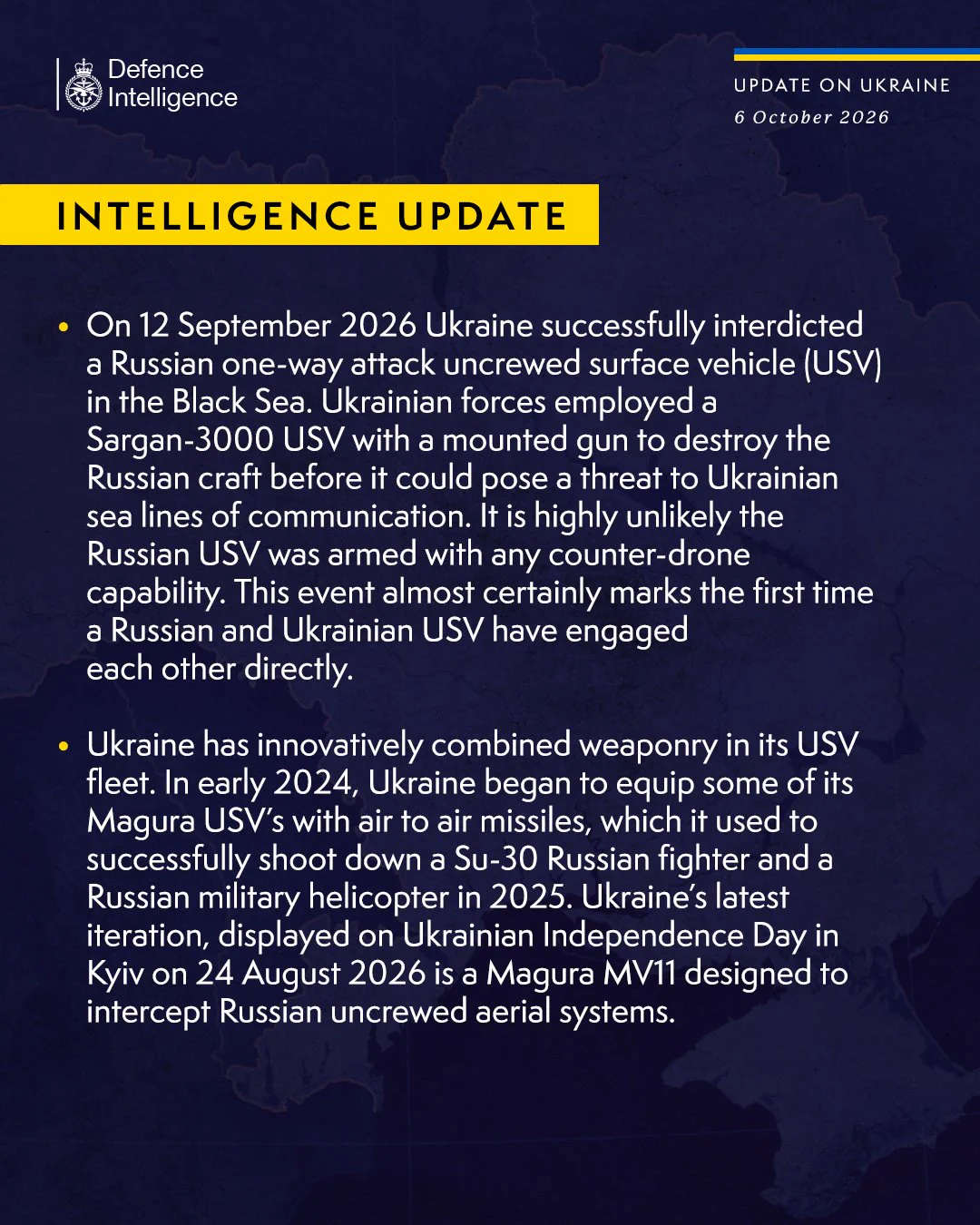 On 12 September 2026 Ukraine successfully interdicted a Russian one-way attack uncrewed surface vehicle (USV) in the Black Sea. Ukrainian forces employed a Sargan-3000 USV with a mounted gun to destroy the Russian craft before it could pose a threat to Ukrainian sea lines of communication. It is highly unlikely the Russian USV was armed with any counter-drone capability. This event almost certainly marks the first time a Russian and Ukrainian USV have engaged each other directly.
Ukraine has innovatively combined weaponry in its USV fleet. In early 2024, Ukraine began to equip some of its Magura USV’s with air to air missiles, which it used to successfully shoot down a Su-30 Russian fighter and a Russian military helicopter in 2025. Ukraine’s latest iteration, displayed on Ukrainian Independence Day in Kyiv on 24 August 2026 is a Magura MV11 designed to intercept Russian uncrewed aerial systems.  