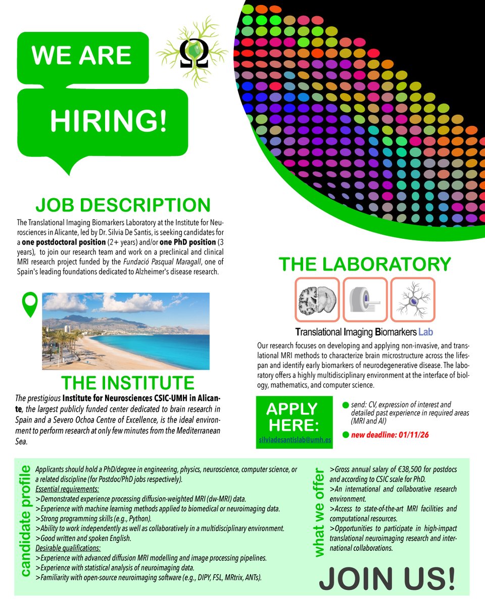 LabMri's tweet photo. We’re hiring! 🚨
We’re looking for a postdoc or PhD student to join our team at @NeuroAlc in Alicante. Work with us on cutting-edge clinical &amp; preclinical MRI and Alzheimer's research!🧠✨
Diffusion MRI, machine learning &amp; Python fans, get in touch!👇 https://t.co/2RpZKAsAGo