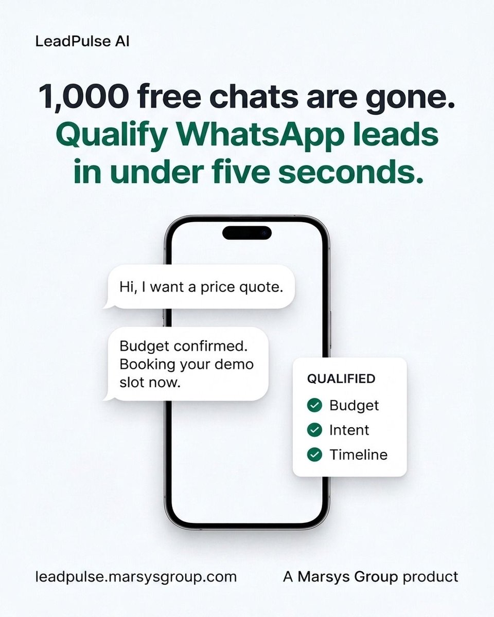 marsysgroup's tweet photo. WhatsApp utility messages now cost ₹0.115 after your 1000 free chats. Stop wasting paid replies. LeadPulse AI qualifies inbound leads in under 5 seconds, 24/7. Try the live WhatsApp demo: https://t.co/Fv6lrcG0AC https://t.co/LXBJhMwueb