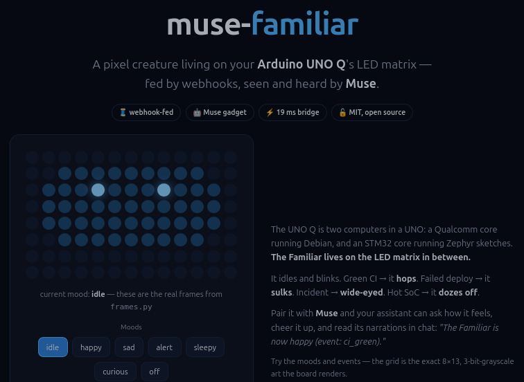 nitishagar's tweet photo. I gave my @arduino UNO Q a tiny pixel creature. 

And because the UNO runs Debian, it's a real #musegadget: Muse can ask it how it feels, cheer it up, and it narrates its moods into my chat (still waiting on @Muse in India 😢).

https://t.co/W4VmTZKqyl 🧵 https://t.co/zLy4ak4tBr