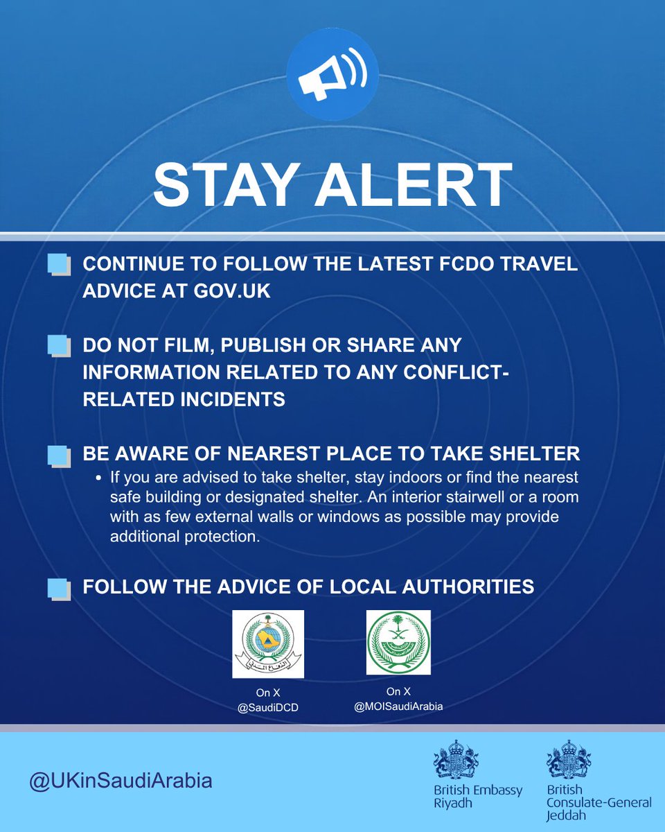 UKinSaudiArabia's tweet photo. 6 October 2026: Saudi Arabia continues to experience missile and drone attacks, targeting cities, airports, military sites and energy infrastructure. We encourage British nationals to subscribe to @FCDOtravelGovUK alerts on https://t.co/T9tEq5lUDx and to follow instructions from local authorities. 
https://t.co/Cq2eRqgmUW
@SaudiDCD @MOISaudiArabia @FCDOGovUK