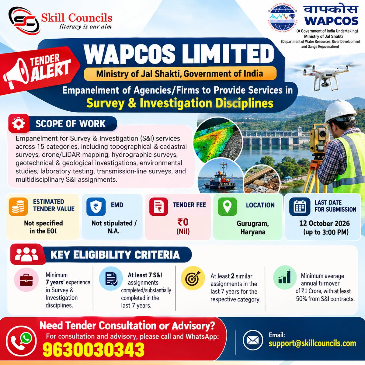 Skillcouncils's tweet photo. π’ Tender Alert | WAPCOS Limited
Tender Authority: WAPCOS Limited, Ministry of Jal Shakti, Government of India
π² For tender assistance: Call/WhatsApp 9630030343
π§ support@skillcouncils.com
#TenderAlert #WAPCOS #GovernmentTender #SurveyAndInvestigation #EngineeringTender https://t.co/z3VizPyUlk