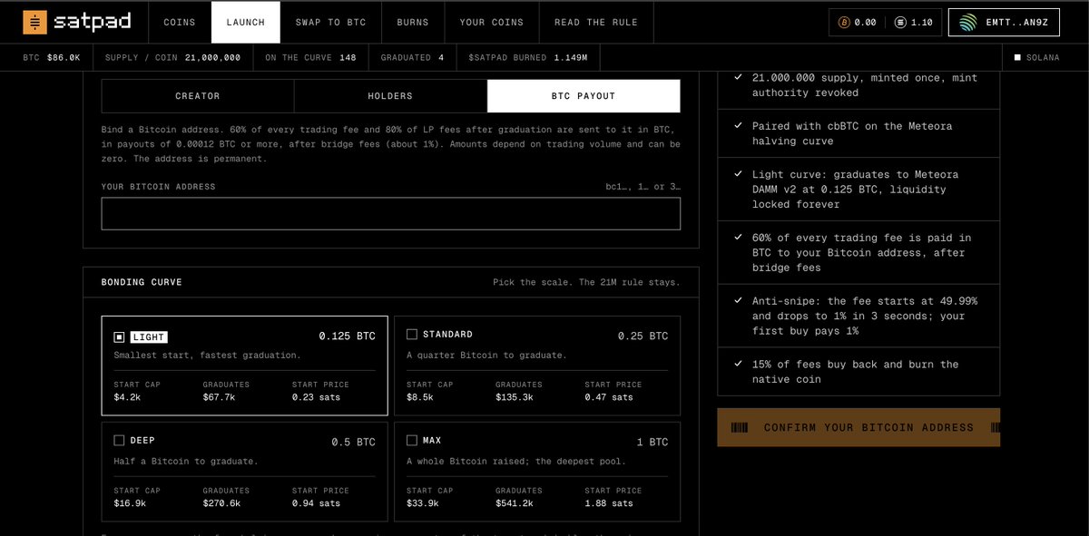 SatPad_SOL's tweet photo. SATPAD lets devs redirect launch fees straight to any Bitcoin wallet.

Launch a market around a Bitcoin legend, creator, artist, builder, or cause and route the fees directly to their BTC address.

Not wrapped BTC.
Not points.
Real native Bitcoin.

Turn launches into a new way to support the people who shaped Bitcoin.

Start launching on SATPAD.

https://t.co/fGx96nthO1