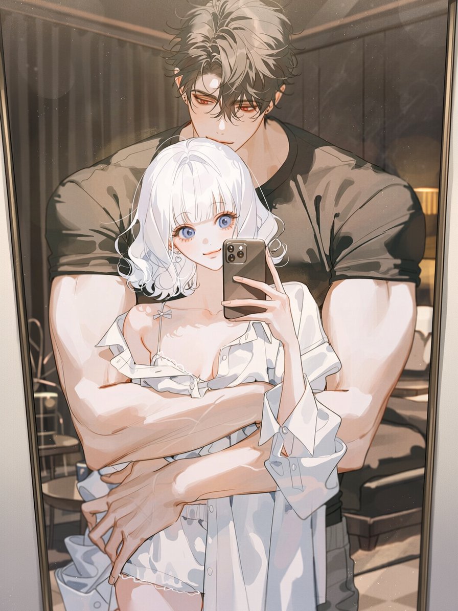 o_ponyo_o's tweet photo. [프롬공유] 애인 자랑하기 (v4.5/v5)

mirror selfie, couple, two people, close embrace, intimate pose, upper body, tight framing, woman holding smartphone, man standing closely behind woman, man wrapping one arm firmly around woman's waist, muscular forearm partially obscuring https://t.co/Mc495CEWId