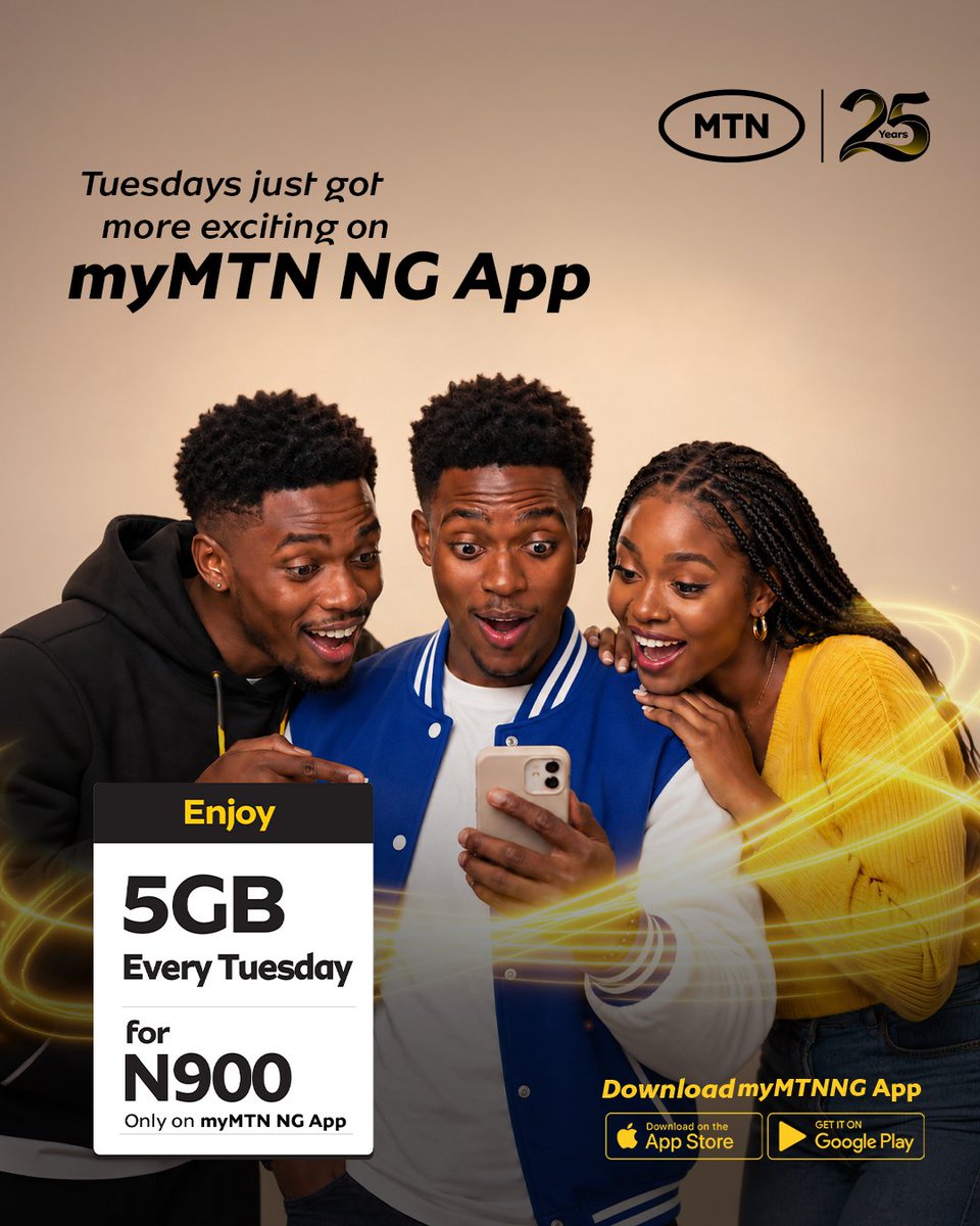 MTNNG's tweet photo. Tuesdays haven't been the same since MTN Awoof launched. 
Every Tuesday, get 5GB for just ₦900 on the myMTN NG App.

Download the app on the iOS App Store or Google Play Store and make your Tuesdays count.

myMTNNGApp 
LiveIt100 https://t.co/Houqz1DRi4