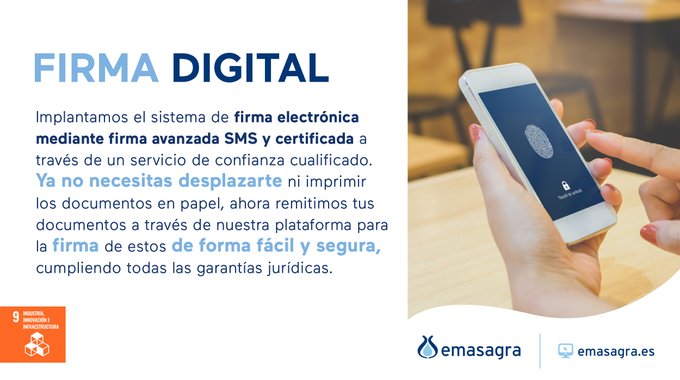 Emasagra's tweet photo. Implantamos el sistema de #FirmaDigital mediante firma avanzada SMS y certificada a través de un servicio de confianza cualificado. #TransformaciónDigital #Digitalización #ODS9 #EmasagraContigo https://t.co/iS4swrDXM6