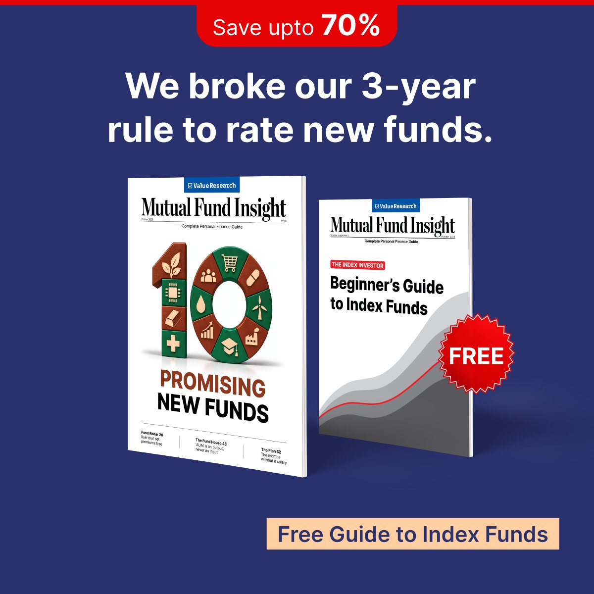 ValueResearch's tweet photo. This month at up to 70% off: promising new funds, NPS, tax and a free index fund guide
