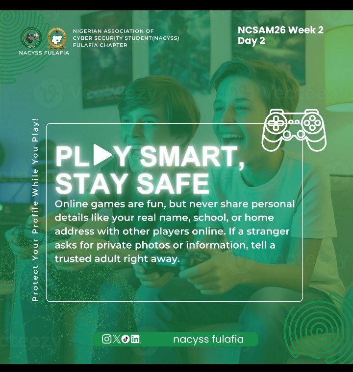 NACYSSFULAFIA's tweet photo. 👉 Don’t share your real name, school, address, phone number or passwords.
👉 Never send private photos to strangers.
👉 Report anyone asking for personal information and tell a trusted adult.

Your gaming profile isn’t your real ID, Protect it!

Follow: NACYSS FULAFIA

#NCSAM26 https://t.co/3yq3PRetzc