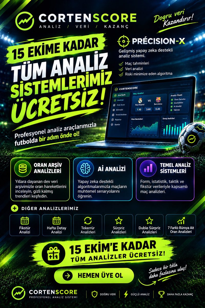 Cortenscore's tweet photo. ⚡ Futbol analizinde yeni nesil sistem: CORTENSCORE

📊 Oran arşivleri
🤖 PRÉCISION-X
📈 Temel analiz sistemleri
🎯 Fikstür, tekerrür, sürpriz ve çok daha fazlası…

🔥 15 EKİM’E KADAR TÜM ANALİZ SİSTEMLERİ ÜCRETSİZ!

Veriye dayalı analizleri keşfet.
Maçlara farklı bir pencereden bak.

🚀 Şimdi katıl → https://t.co/suvFaiHZds