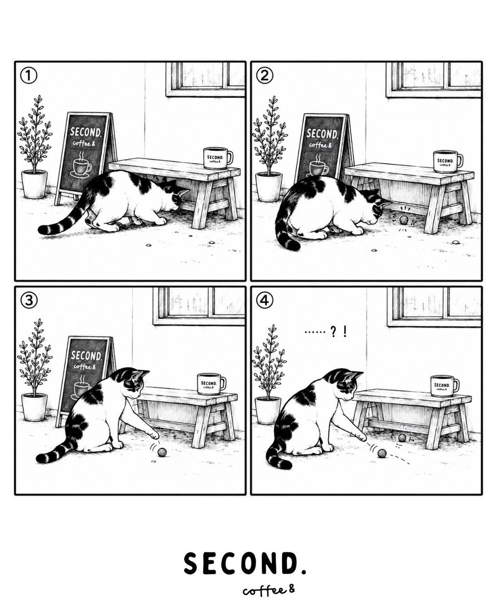 secondmanga's tweet photo. 今日も、いつもの一杯を。☕️
SECOND. coffee&amp;｜4コマ漫画

SECOND. coffee&amp;の住人
ネコ

#4コマ漫画 #コーヒー #manga #coffee #secondcoffee https://t.co/h1E46Wpsb4