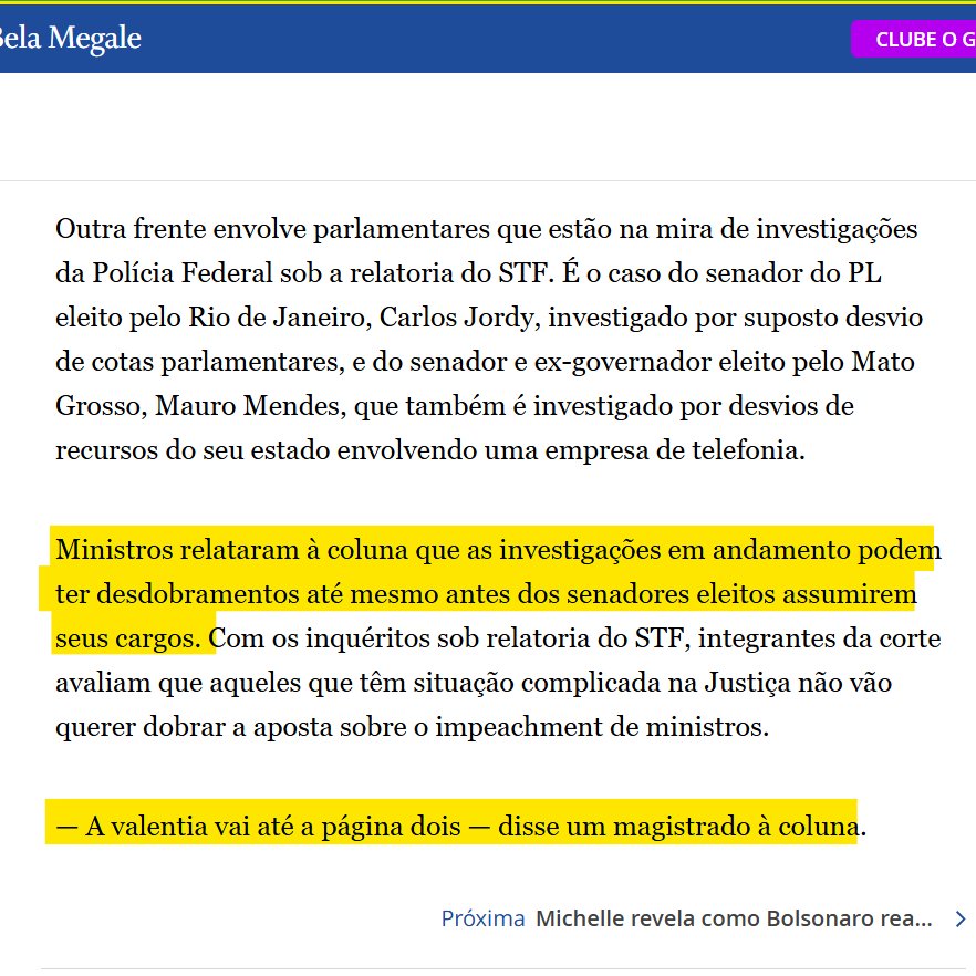 EnioViterbo's tweet photo. Bom dia,

Mais uma vez é preciso mostrar a necessidade de impeachment de ministros do STF:

Alguns ministros conversaram com a jornalista Bela Megale e relataram um plano contra senadores a favor de impeachment:

» "Adiantar" as investigações no STF contra esses parlamentares.

Uma nítida e cristalina AMEAÇA contra senadores da República!

Um ministro dessa "ala" teria dito que "a valentia vai até a página dois".

Não é irônico que esse ministro da Banda Podre do STF fale em "valentia" quando se utiliza do expediente de falar em off?

O machão não tem coragem de botar a cara e falar que conduz os processos de forma política!

Os ministros da Banda Podre do STF PRECISAM ser afastados do cargo, para o bem do Direito.

Se a oposição conseguir eleger o presidente do Senado, vocês verão que essa "valentia" do ministro do STF vai virar pó.