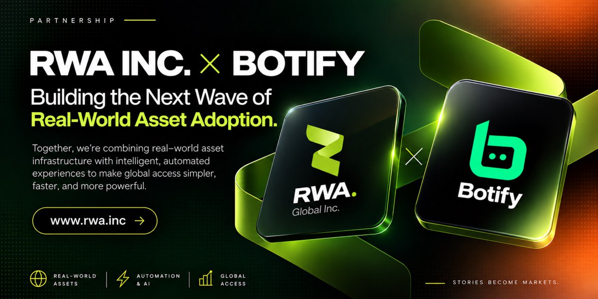 RWA_Inc_'s tweet photo. Every tokenized stock can become a market.

We’re excited to announce a partnership with @BotifydotCloud 

Botify is building an autonomous market layer on Solana. Its AI bots monitor financial news, price action, volume, and social sentiment to detect emerging stock narratives and act on them in seconds.

RWA Inc provides end-to-end infrastructure for issuing, distributing, and trading tokenized real-world assets, from public equities to private-market opportunities.

For the first time, an autonomous market layer can be built around 1,500+ tokenized stocks and ETFs, bringing AI-driven market intelligence directly into the world of tokenized equities.

Through this partnership, the RWA Inc team and Botify will collaborate on direct product integrations and lead the way into the projected $5T tokenized stock economy, right here on @solana 

The vision is simple:

Connect real-world market signals with on-chain execution.

As tokenized equities continue to grow, we believe the next generation of markets will be more automated, transparent, and built on-chain.

We’re excited to build toward that future together.

RWA Inc × Botify