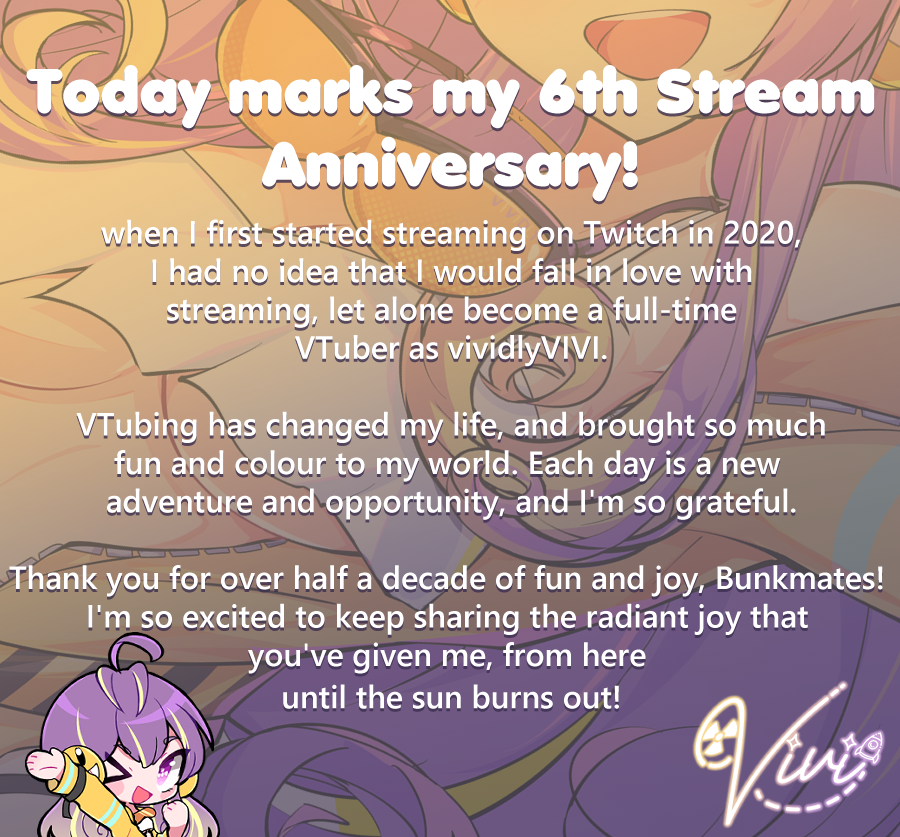 vividlyVIVI's tweet photo. Thank you for 6 Years on Twitch! 🎉

Happy Streamiversary, Bunkmates! ☢️🚀 Let's keep having fun! https://t.co/TsJJn0YvNN