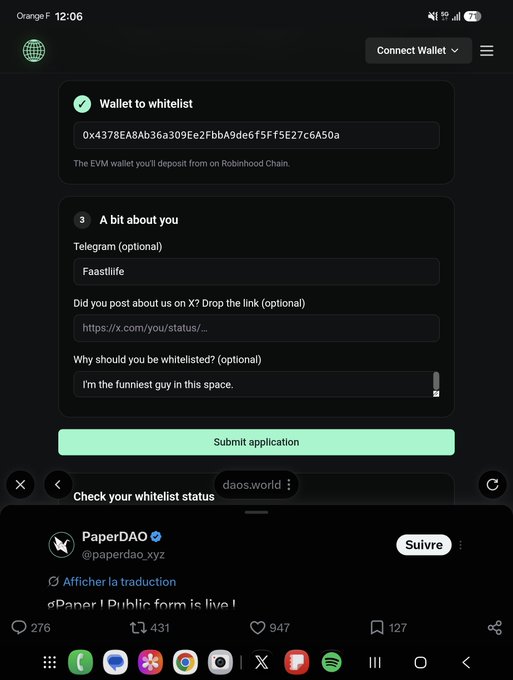 The image shows a "daos.world" whitelist application form with an EVM wallet address entered (0x4378EA8b36a309e2Fbba9de6F5fF5E27c6A50a), Telegram handle "Faastlife", an X post link, and "I'm the funniest guy in this space." as the whitelisting justification—which fits the caption's tone of casually filling out a crypto whitelist form without fully knowing what to write.
