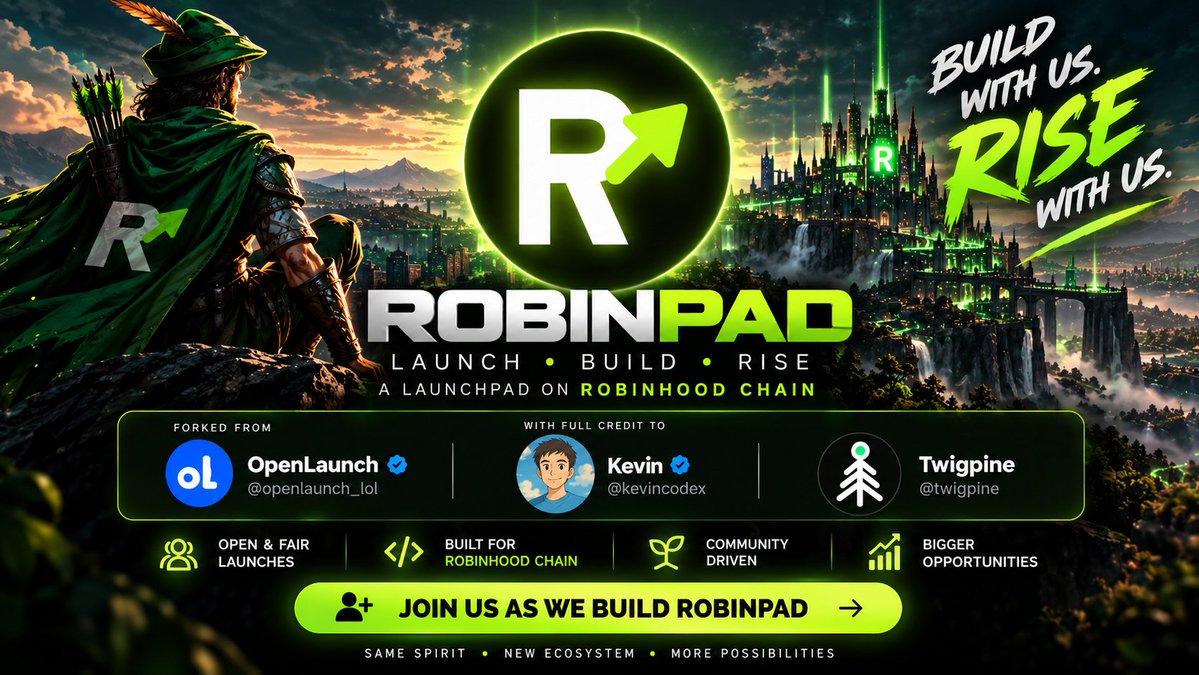 robinpad_lol's tweet photo. 🏹 RobinPad is coming.

A launchpad built exclusively for Robinhood Chain, forked from the open-source foundation of @openlaunch_lol.

Full credit & respect to @kevincodex, @twigpine & @openlaunch_lol for building the foundation. 🫡

Now we’re bringing that foundation to Robinhood Chain. 🟢

RobinPad
Launch • Build • Rise

Builders. Creators. Communities.
Come build with us. 🚀

BUILD WITH US. RISE WITH US.
#Robinhood #Robinhoodchain